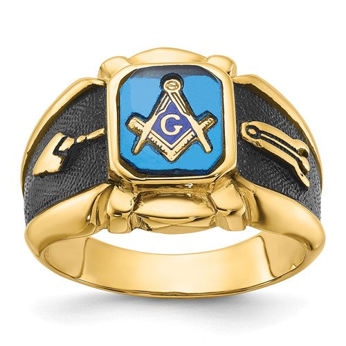 14k men's antiqued textured Masonic ring with imitation blue spinel, showcasing intricate design and craftsmanship.
