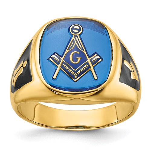 14k men's textured Masonic ring featuring black enamel and imitation blue spinel from Solomon Jewelers.