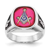 14kw men's textured Masonic ring with black enamel and lab-created ruby, crafted by Solomon Jewelers.