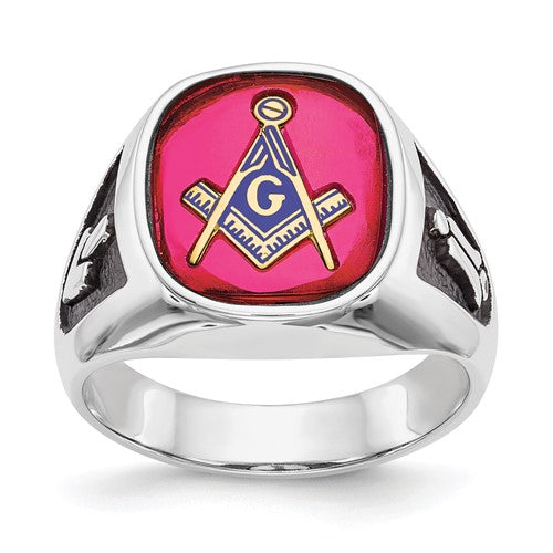 14kw men's textured Masonic ring with black enamel and lab-created ruby, crafted by Solomon Jewelers.