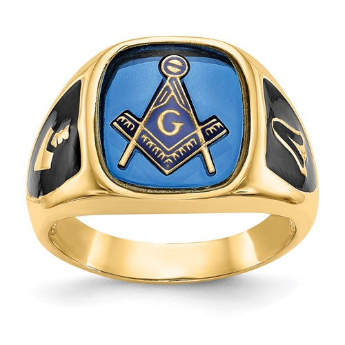 14k men's antiqued textured Masonic ring with imitation blue spinel, crafted by Solomon Jewelers.