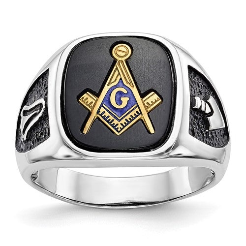 Gold-plated men's Masonic ring with textured design, black enamel accents, and onyx gemstone, crafted by Solomon Jewelers.