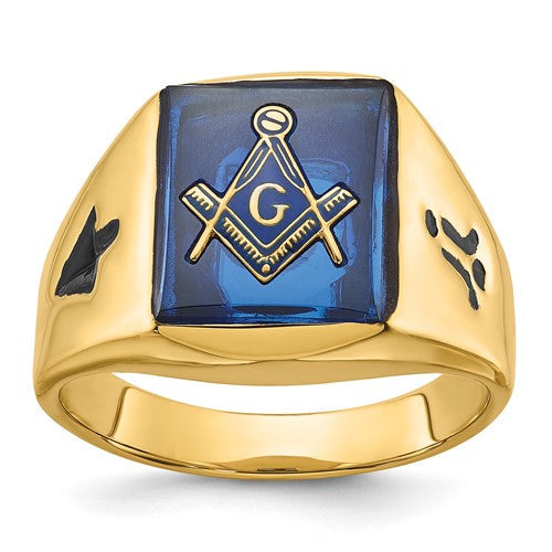 14k men's grooved Masonic ring with black enamel and imitation blue spinel, showcasing detailed design and craftsmanship.