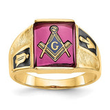 14k men's textured Masonic ring with black enamel and lab-created ruby, crafted by Solomon Jewelers.