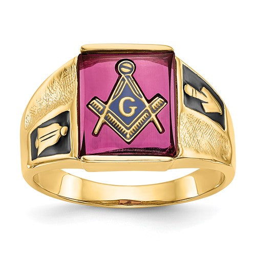 14k men's textured Masonic ring with black enamel and lab-created ruby, crafted by Solomon Jewelers.
