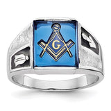 14kw men's textured Masonic ring with black enamel and imitation blue spinel from Solomon Jewelers, showcasing intricate design.