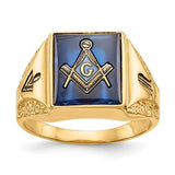 14k men's antiqued textured Masonic ring with imitation blue spinel, jewelry by Solomon Jewelers, detailed close-up.