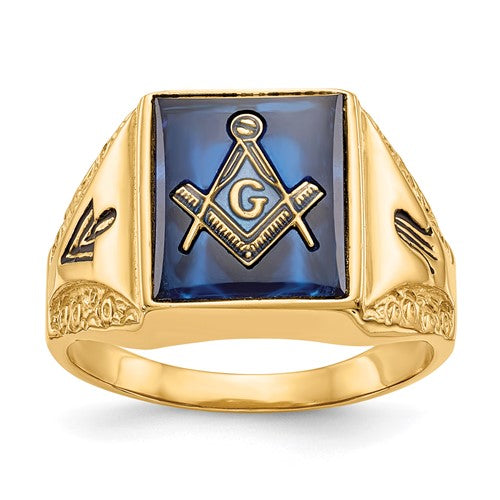 14k men's antiqued textured Masonic ring with imitation blue spinel, jewelry by Solomon Jewelers, detailed close-up.
