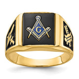 14k men's Masonic ring with polished and textured surface, black enamel accents, and onyx stone from Solomon Jewelers.