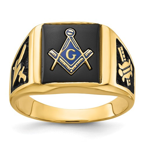 14k men's Masonic ring with polished and textured surface, black enamel accents, and onyx stone from Solomon Jewelers.