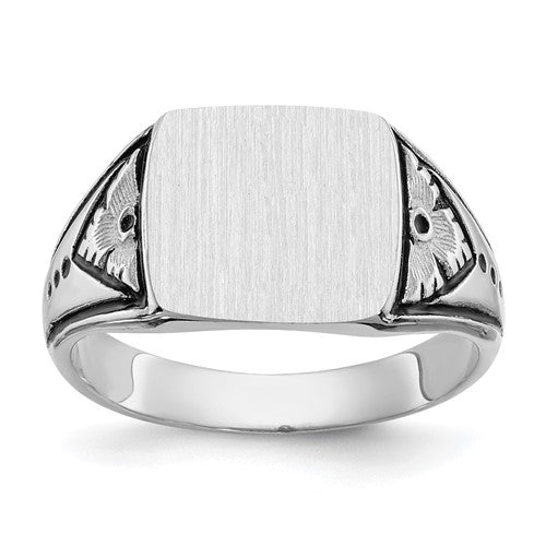14k white gold men's signet ring with an 11.5x11.0mm antiqued design and closed back, crafted by Solomon Jewelers.