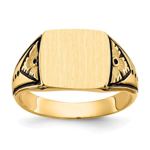 14k gold antiqued signet ring, 11.5x11.0mm closed back jewelry ring with detailed design, from Solomon Jewelers