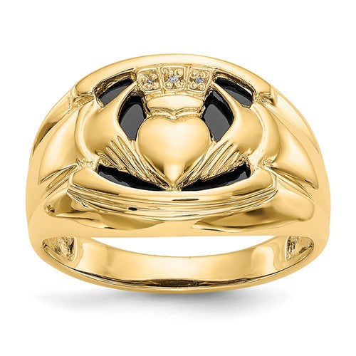 14k AA diamond and onyx men's Claddagh ring with detailed craftsmanship, featuring a heart, hands, and crown design.