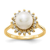 14k gold ring featuring 7.5mm cultured pearl and diamond accents, showcasing elegant jewelry design.