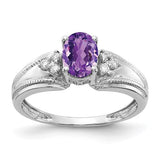 14k white gold ring featuring a 7x5mm oval amethyst and AA diamonds, crafted by Solomon Jewelers.