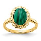 14k gold ring with a 10x8mm green malachite cabochon, featuring a polished jewelry ring design.