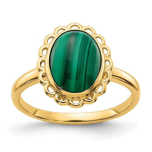 14k gold ring with a 10x8mm green malachite cabochon, featuring a polished jewelry ring design.