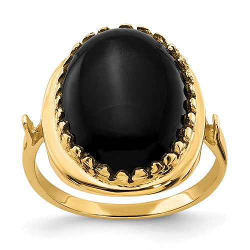 14k gold oval onyx ring featuring a 16x12mm gemstone, elegant jewelry piece with a polished band.