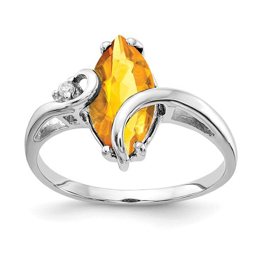 14k white gold marquise citrine and AA diamond ring with 12x6mm gemstones, crafted by Solomon Jewelers.