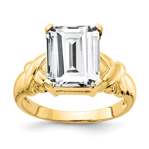 14k gold emerald cut cubic zirconia ring featuring an 11x9mm center stone, jewelry ring by Solomon Jewelers.
