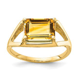 14k gold emerald cut citrine ring with a 9x7mm gemstone, showcasing elegant jewelry design from Solomon Jewelers.