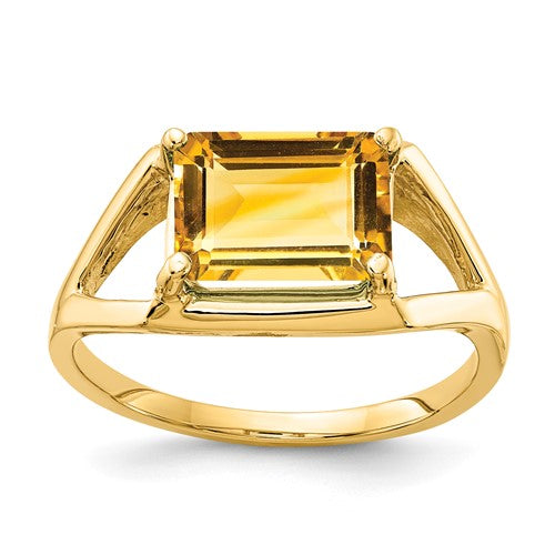 14k gold emerald cut citrine ring with a 9x7mm gemstone, showcasing elegant jewelry design from Solomon Jewelers.