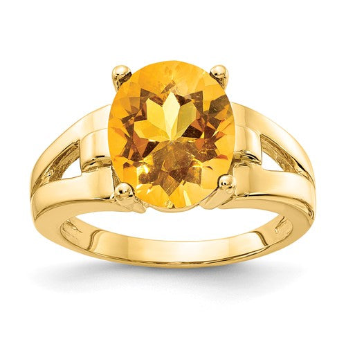 14k gold oval citrine ring with 11x9mm gemstone, featuring a classic jewelry design from Solomon Jewelers.