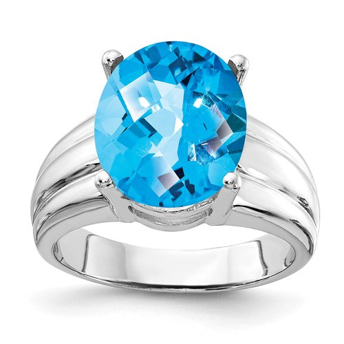 14k white gold oval blue topaz checker ring featuring a 12x10mm gemstone, elegant jewelry piece with intricate design.