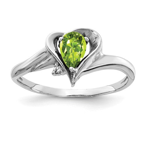 14k white gold ring featuring a 6x4mm pear-shaped peridot and AA-grade diamonds, elegant jewelry from Solomon Jewelers