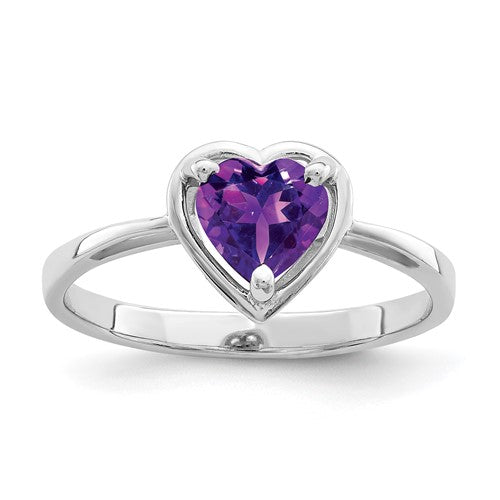 14k white gold heart-shaped amethyst ring with 6mm gemstone, elegant jewelry piece by Solomon Jewelers.