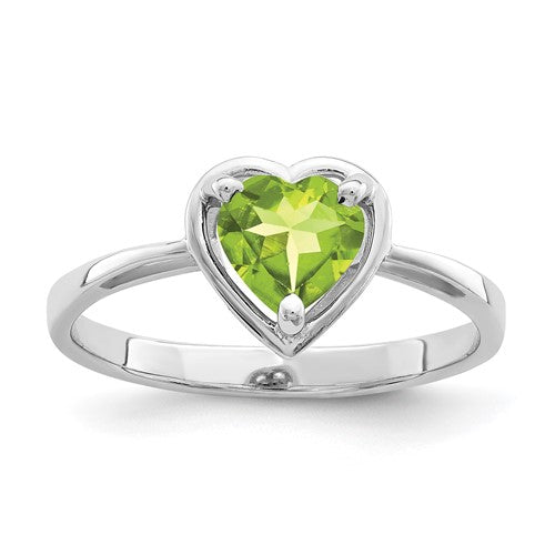 14k white gold heart-shaped peridot ring featuring a 6mm gemstone, crafted by Solomon Jewelers, elegant jewelry accessory.