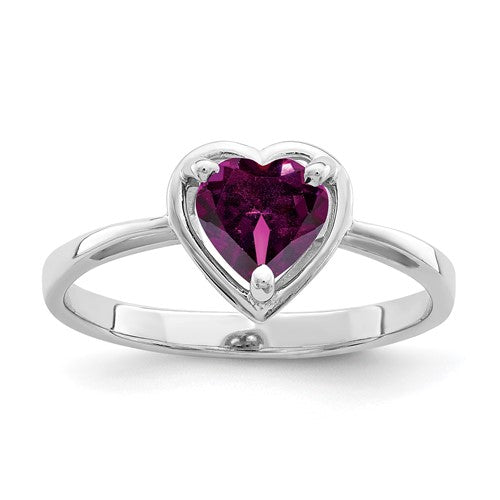 14k white gold heart-shaped Rhodolite Garnet ring, 6mm band, elegant jewelry from Solomon Jewelers.