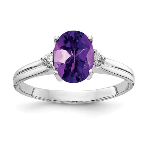 14k white gold oval amethyst ring with AA diamonds, 8x6mm gemstone, elegant jewelry by Solomon Jewelers