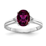 14k white gold ring with 8x6mm oval rhodolite garnet and AA diamond accents, jewelry from Solomon Jewelers.