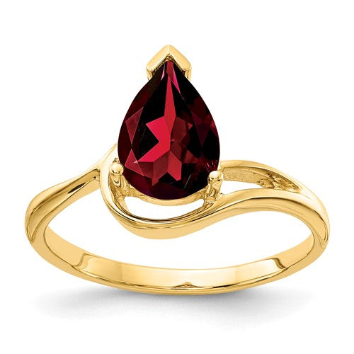14k gold pear-shaped garnet ring with 9x6mm gemstone, jewelry ring featuring a elegant design from Solomon Jewelers.