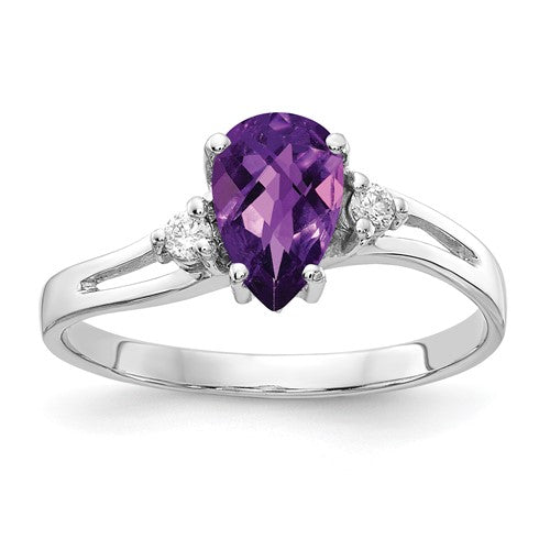 14k white gold ring featuring a 7x5mm pear-shaped amethyst and AA diamond accents, elegant jewelry from Solomon Jewelers.