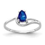 14k white gold pear-shaped sapphire ring with 6x4mm gemstone, featuring elegant jewelry design.