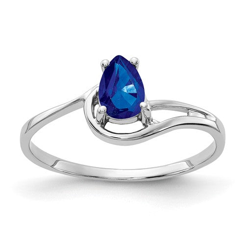 14k white gold pear-shaped sapphire ring with 6x4mm gemstone, featuring elegant jewelry design.