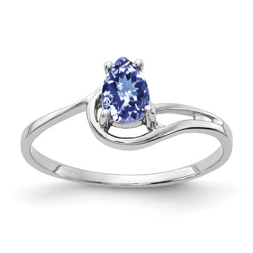 14k white gold ring featuring a 6x4mm pear-shaped Tanzanite gemstone, elegant jewelry ring by Solomon Jewelers