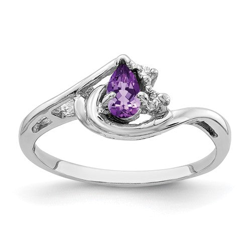 14k white gold ring featuring a 5x3mm pear-shaped amethyst and AA-grade diamonds, crafted by Solomon Jewelers.