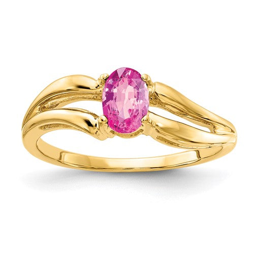 14k gold oval pink sapphire ring with 6x4mm gemstone, elegant jewelry piece displaying a pink sapphire centerpiece