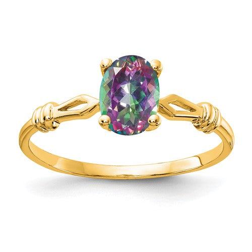 14k gold mystic fire topaz polished ring, elegant jewelry piece featuring a vibrant gemstone, crafted by Solomon Jewelers.