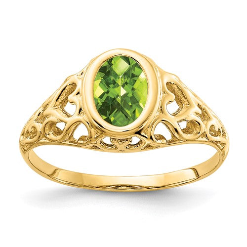 14k gold oval Peridot checker ring with 7x5mm gemstone set in a Solomon Jewelers jewelry ring design.