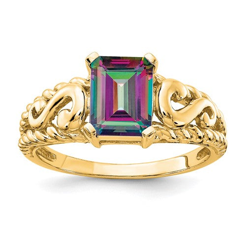 14k gold mystic topaz ring featuring vibrant, iridescent gemstone set in a elegant Solomon Jewelers jewelry ring.