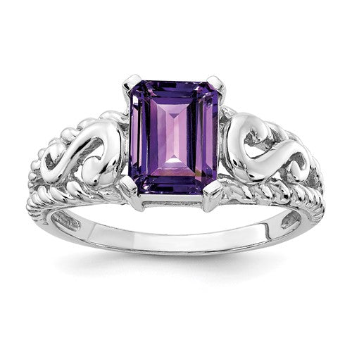 14k white gold emerald cut amethyst ring with 8x6mm gemstone, elegant jewelry piece featuring a classic design.