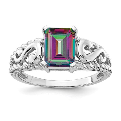 14k white gold mystic topaz ring featuring a sparkling, colorful topaz gemstone set in a polished gold band.