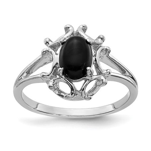 14k white gold onyx ring with a polished black onyx gemstone, elegant jewelry piece from Solomon Jewelers.