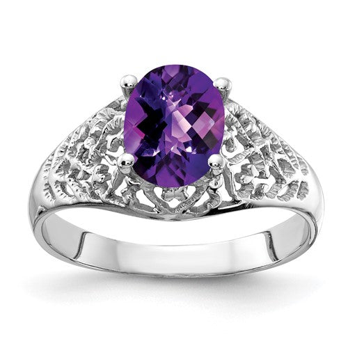 14k white gold oval amethyst checker ring with 8x6mm gemstone, stylish jewelry piece from Solomon Jewelers.