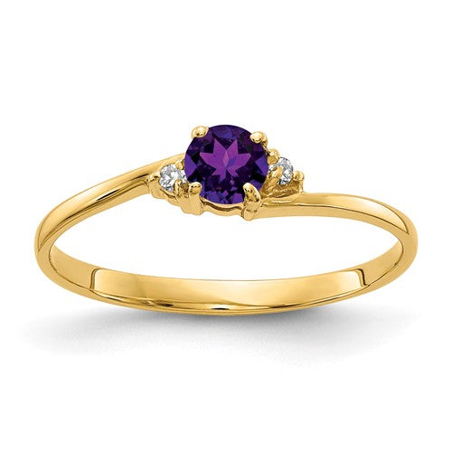 14k gold amethyst and AA diamond ring featuring a 4mm gemstone, elegant jewelry piece from Solomon Jewelers.