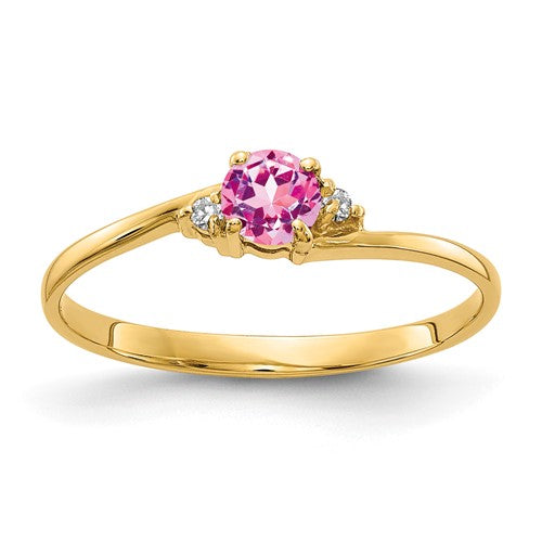 14k gold pink sapphire and AA diamond ring featuring a 4mm pink sapphire gemstone, elegant jewelry piece.